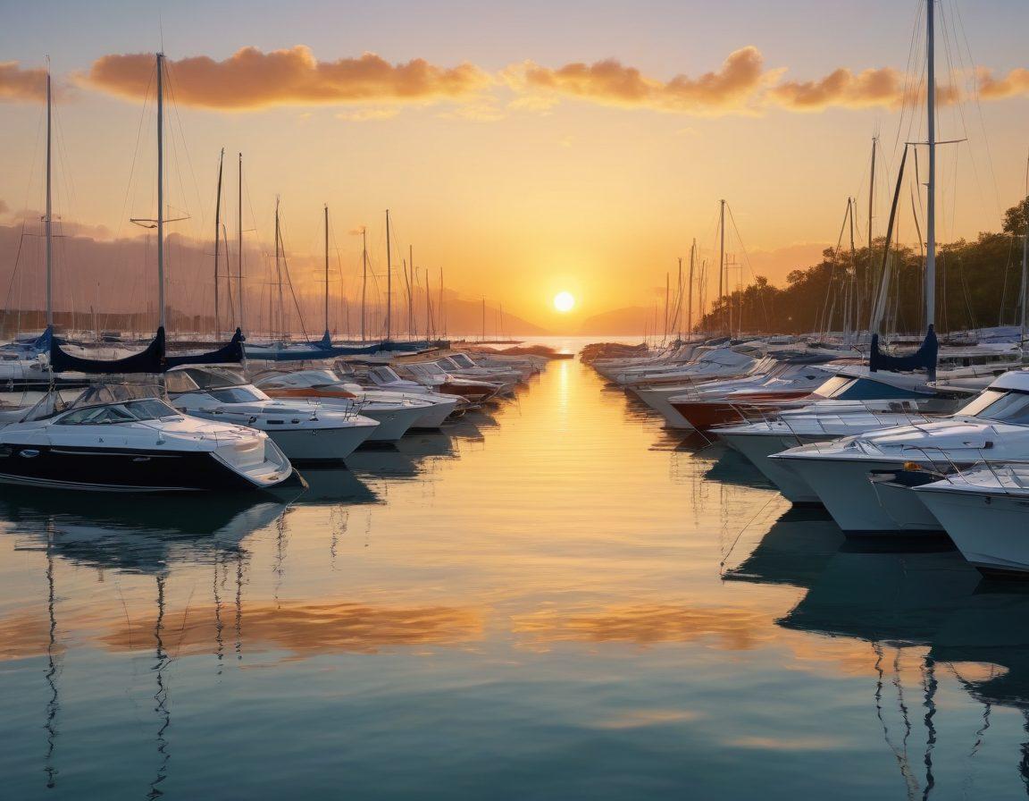 A serene marina scene featuring various types of boats, including sailboats and motorboats, gently floating on calm waters. In the foreground, a friendly insurance agent is conversing with a boat owner, both smiling and reviewing a policy document. The backdrop showcases a vibrant sunset, reflecting golden hues on the water, with lush greenery lining the shore. Emphasize clarity and trust in the interaction while allowing the beauty of boating life to shine through. super-realistic. vibrant colors. 3D.