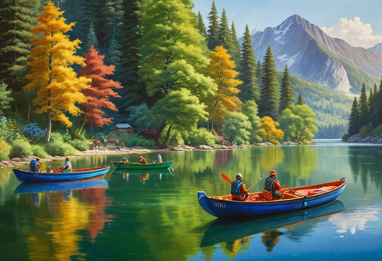 A serene lake scene featuring a diverse group of people enjoying various water activities on colorful boats, with a backdrop of lush green trees and mountains. Incorporate elements representing insurance, like a shield symbol subtly integrated into the scene, and a soft sunlight filtering through the leaves for a warm feel. Emphasize safety gear in use, such as life jackets. vibrant colors. painting.