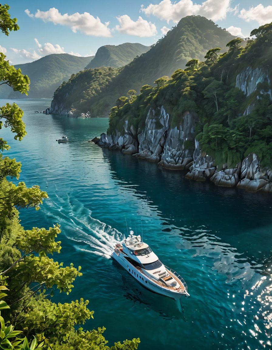 A scenic view showcasing a transition from a serene fishing boat on calm waters to a luxurious charter yacht in the distance, with crystal-clear waves reflecting the sun. Include fishing gear on the foreground and a diverse group of people enjoying both boats, symbolizing the journey. Lush greenery surrounds the scene, hinting at outdoor adventures. super-realistic. vibrant colors. 3D.